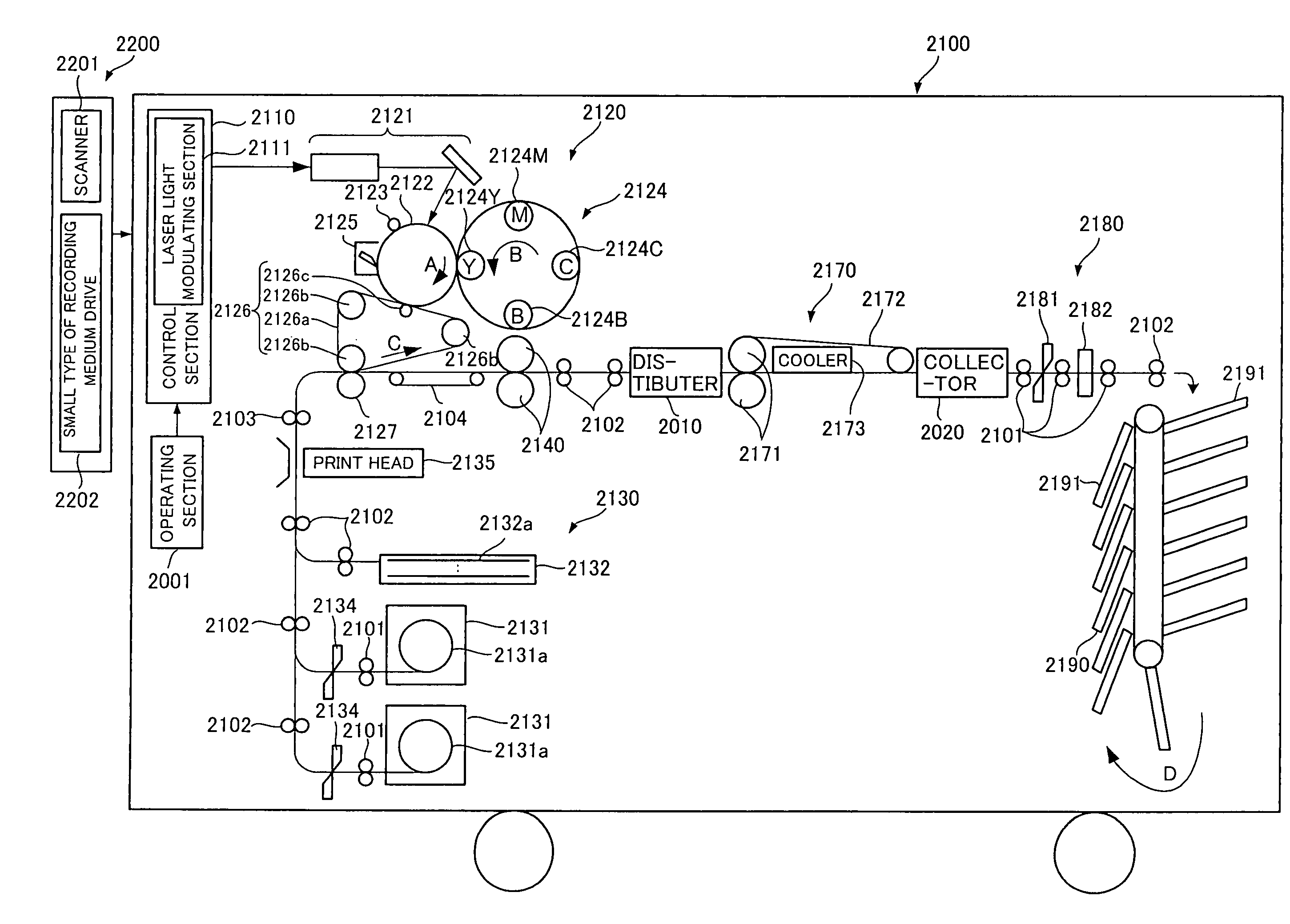 Printer and image forming method providing selectable path for recording medium