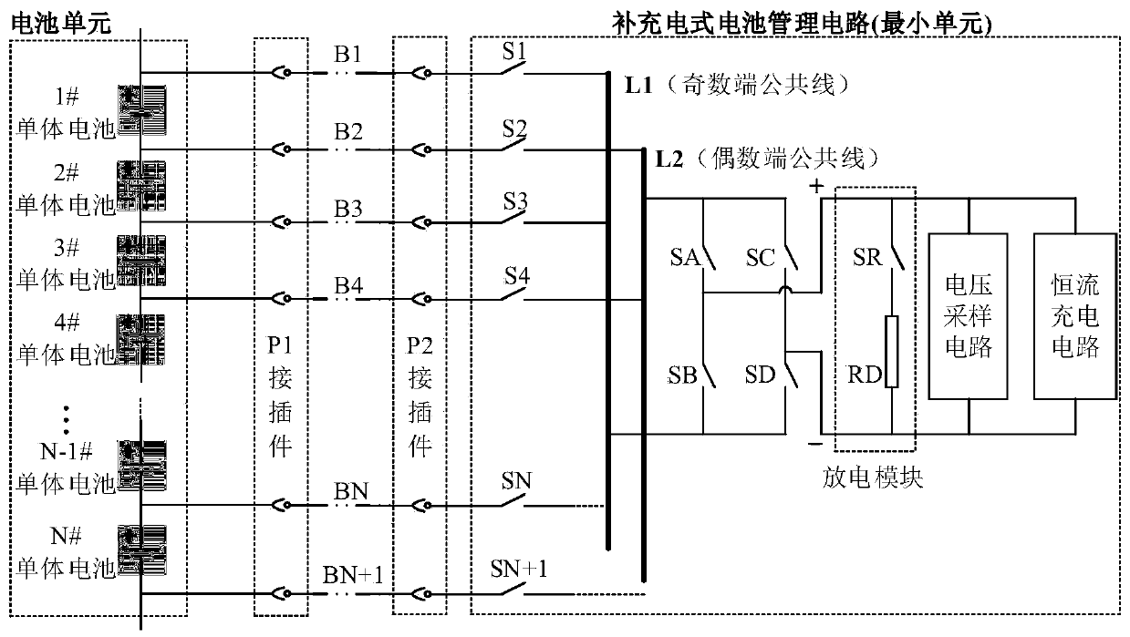 Control method of supplementary electricity type battery management circuit additionally provided with discharging module