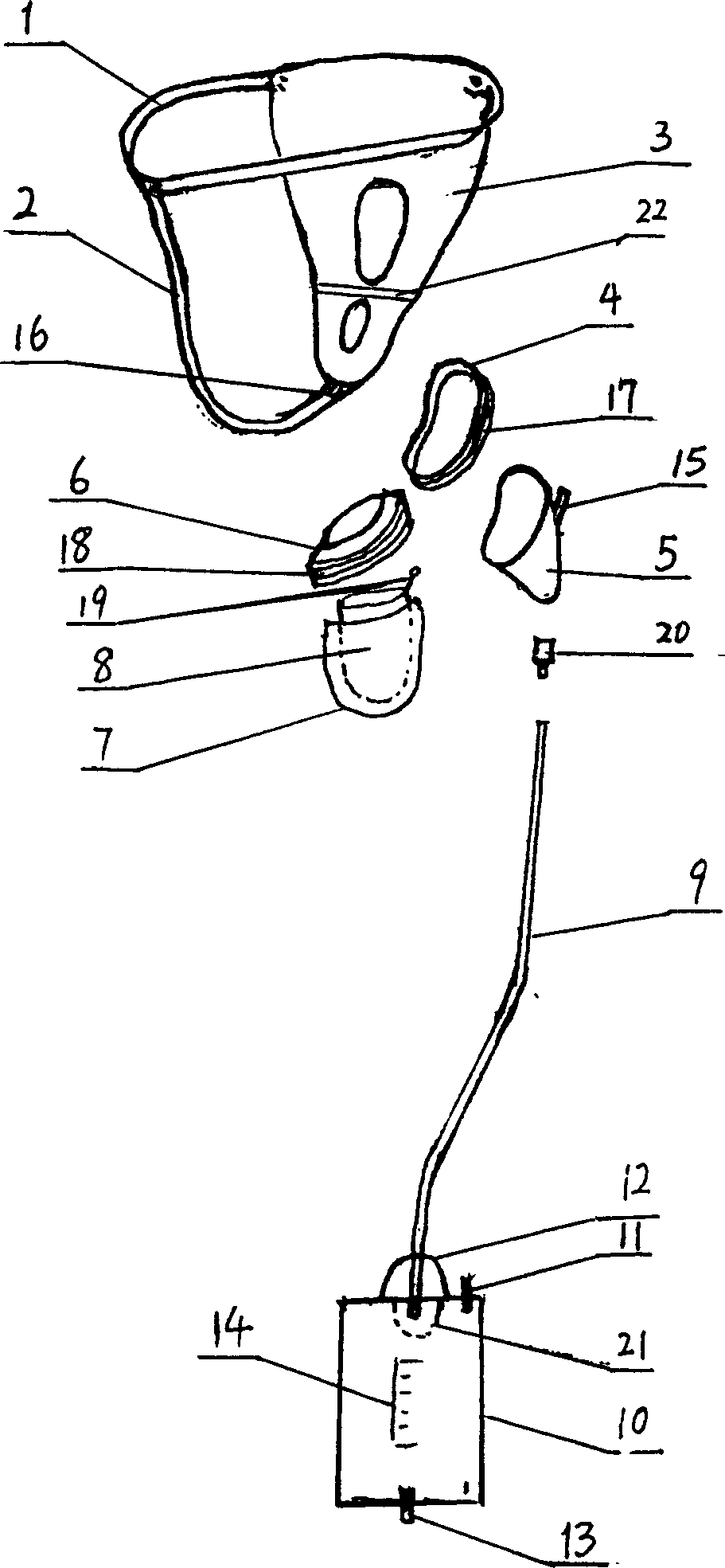 Device worn by patient for reception of urine and faeces