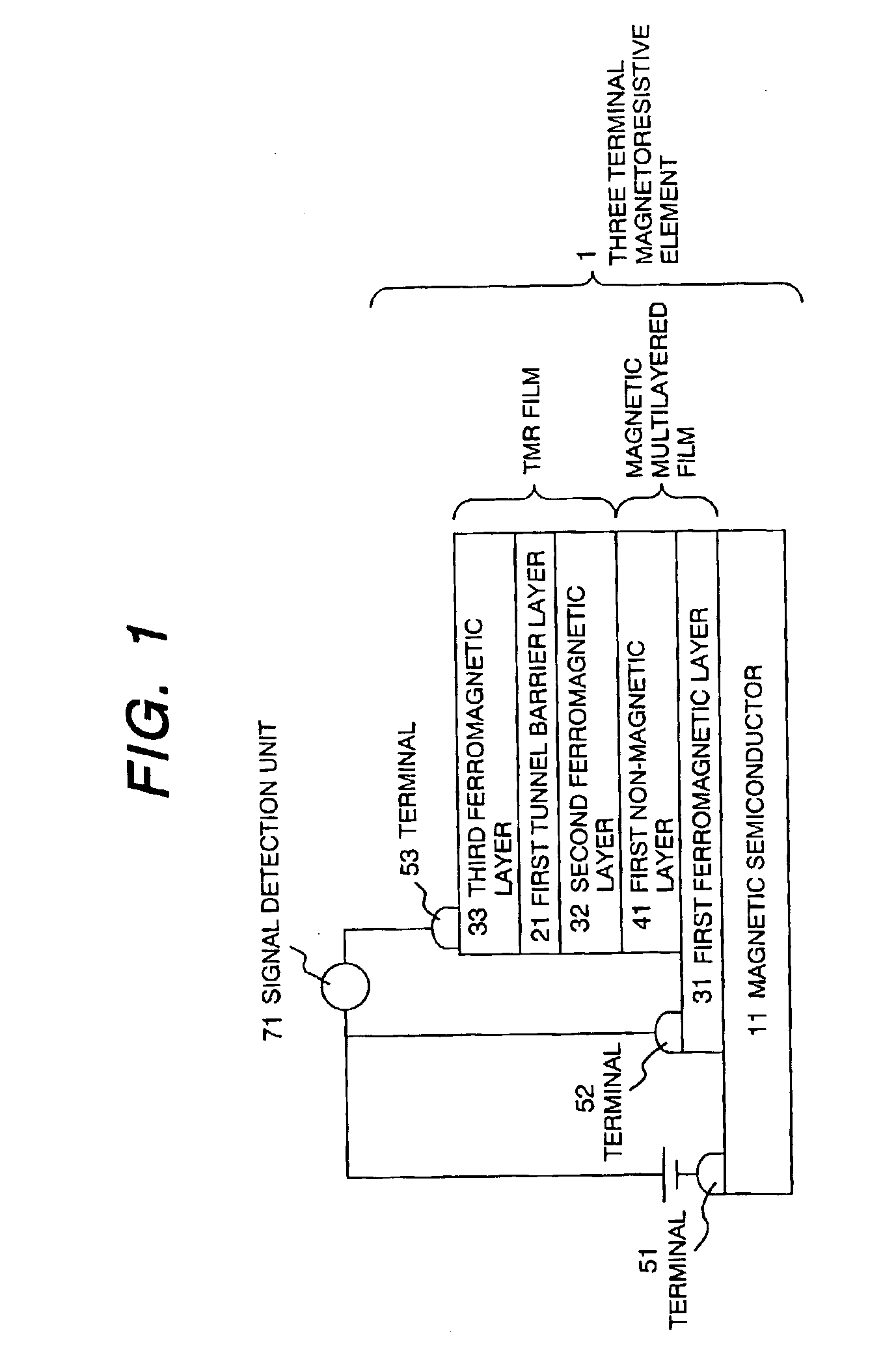 Three terminal magnetic head having a magnetic semiconductor and a tunnel magnetoresistive film and magnetic recording apparatus including the head