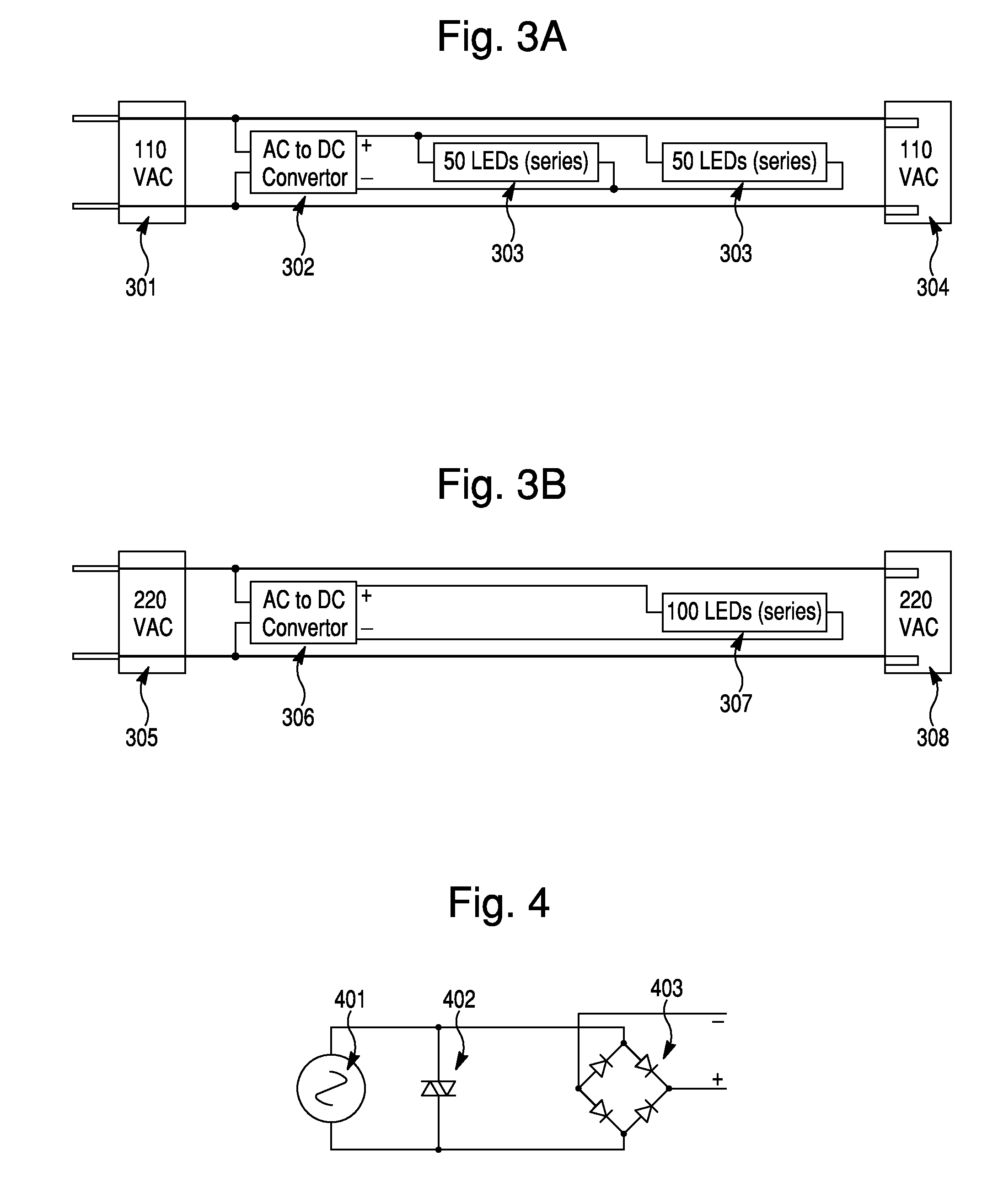 LED lights with matched AC voltage using rectified circuitry