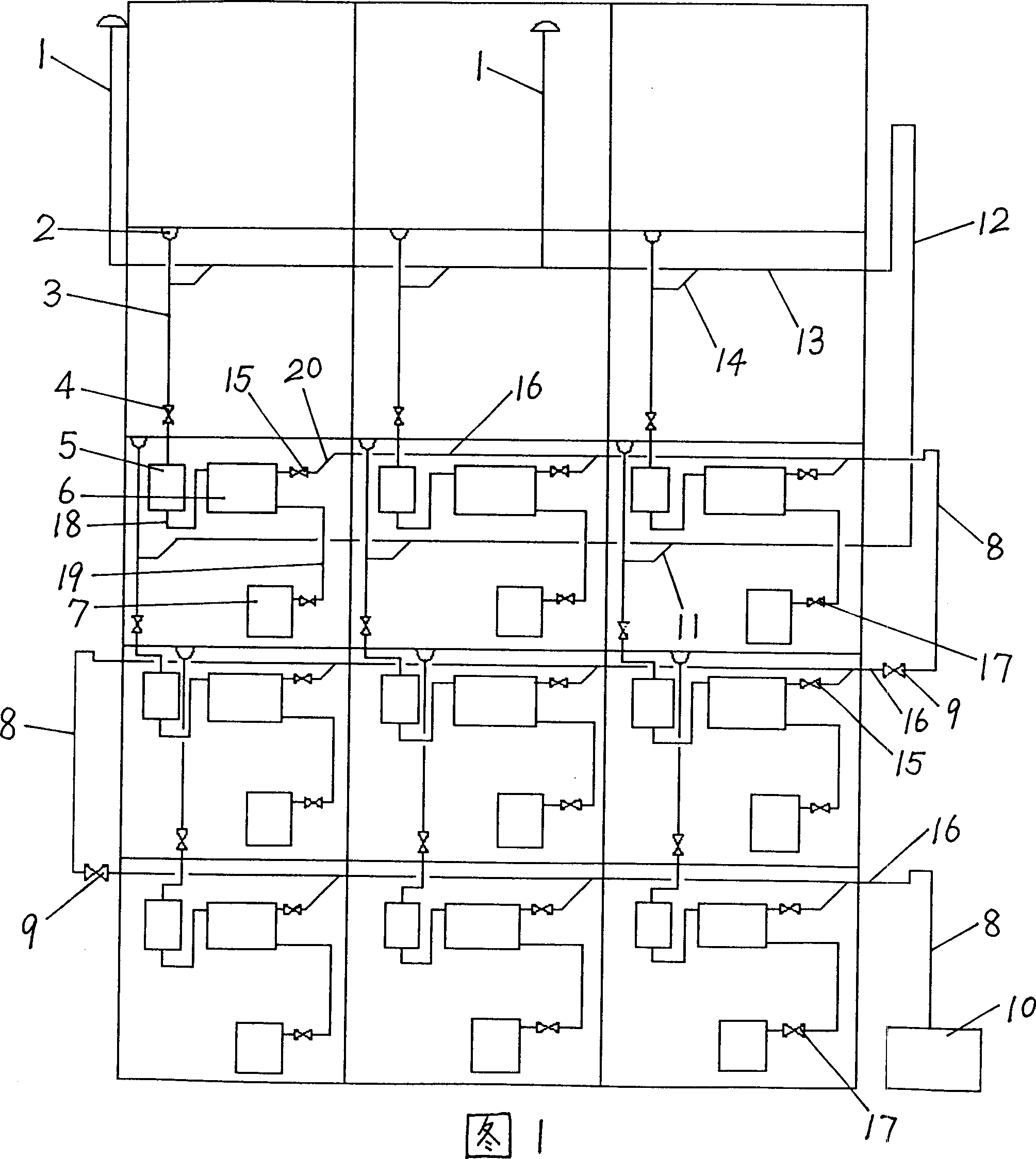 Apparatus and method of powerless, dispersing water treating circulating regenerating and using