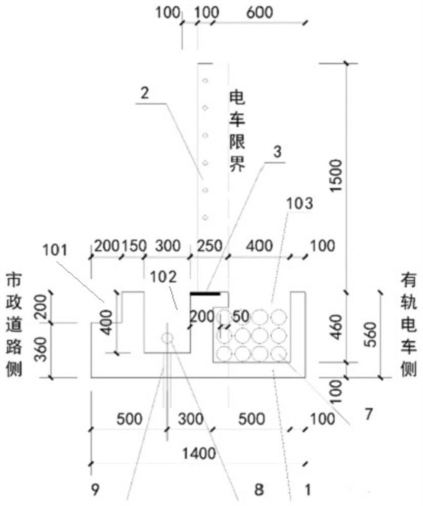 Tramcar ground section hedge plant arrangement structure