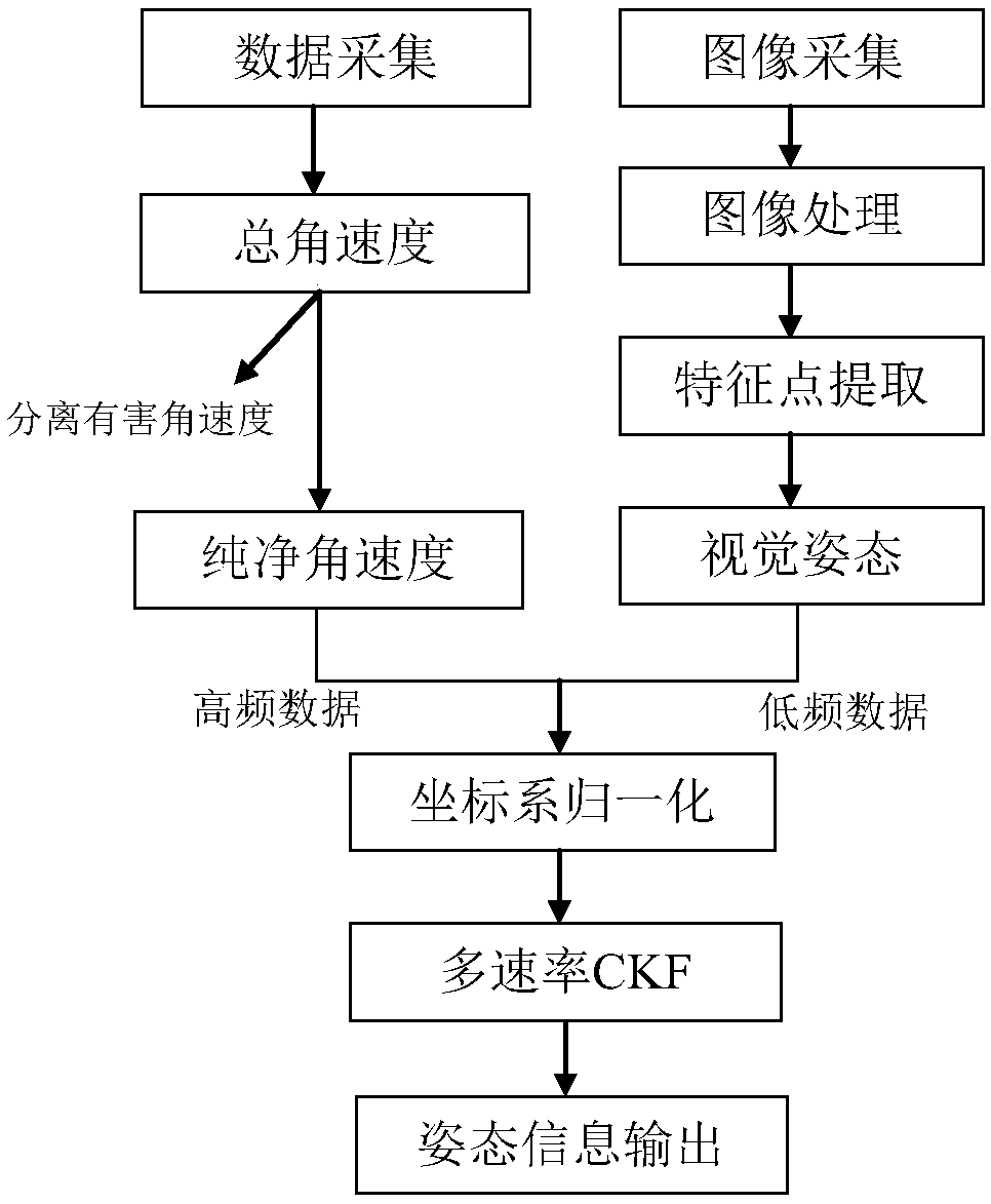 Attitude measurement method of noninertial system vision and dual-gyroscope multirate CKF fusion