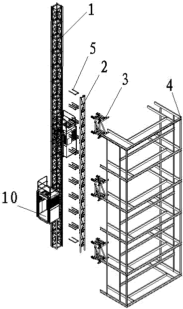 Connecting structure of construction hoist and building climbing formwork frame