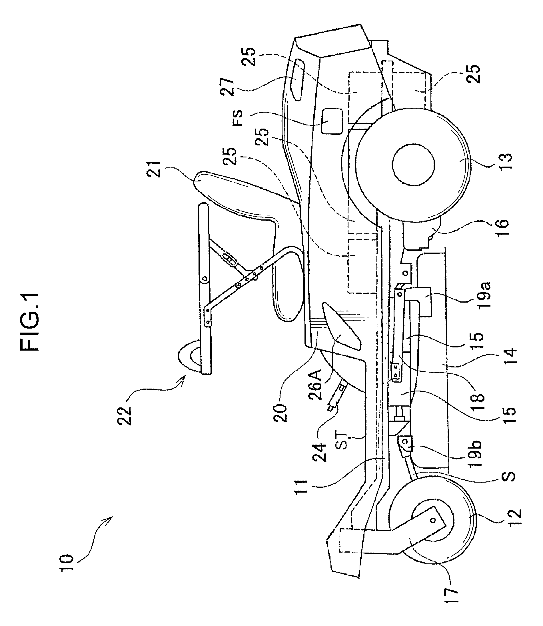 Electric riding mower having air-cooled chassis and pivotable protective cowling