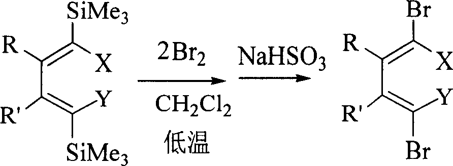 Method for preparing 1,1,4,4-tetrahalogenated-1,3-butadiene derivative by 1,4-dihalogenated-1,4-di(trisilicon methyl radical)-1,3-butadiene derivatives