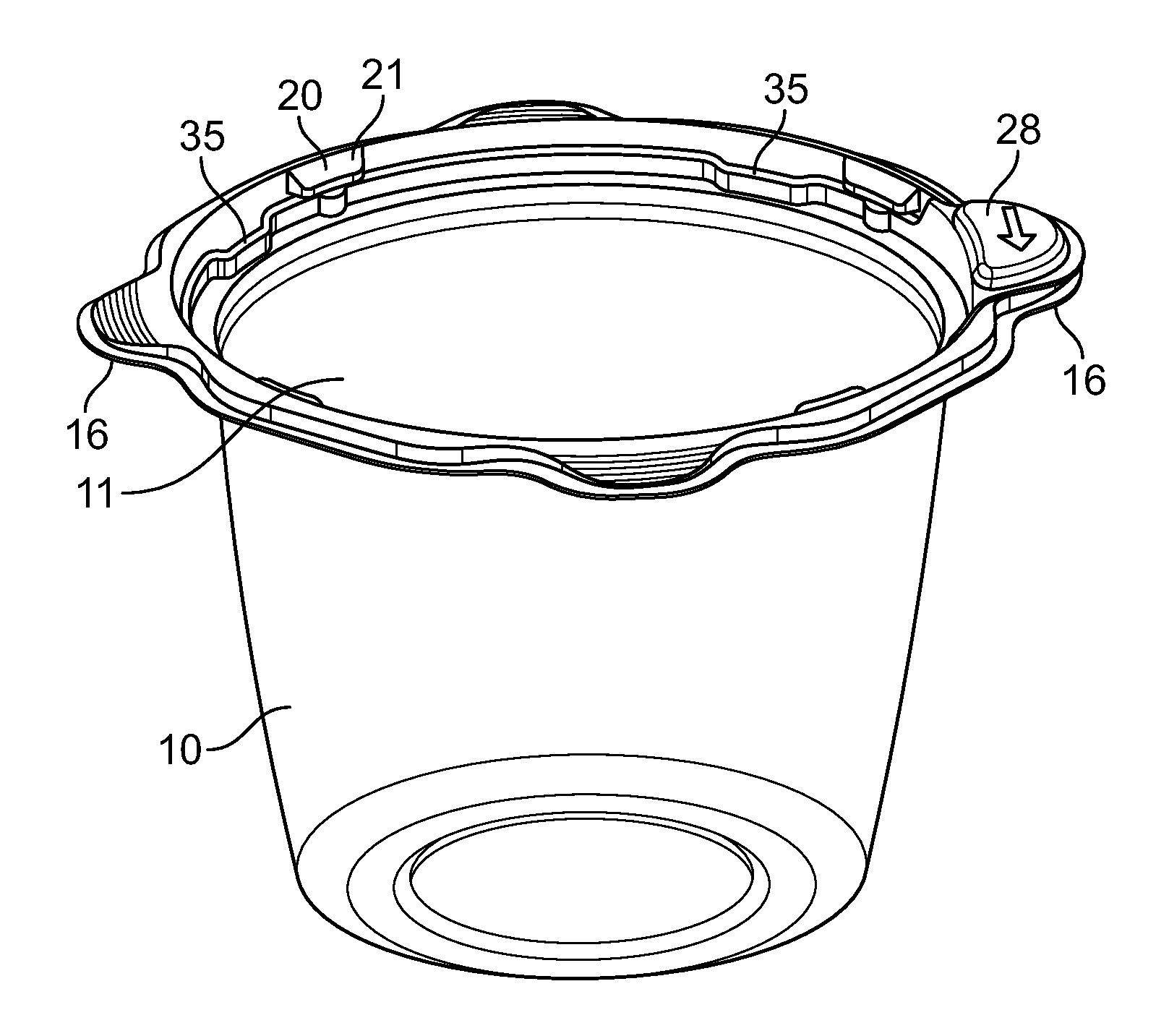 Snap lock container with lid rotation tab