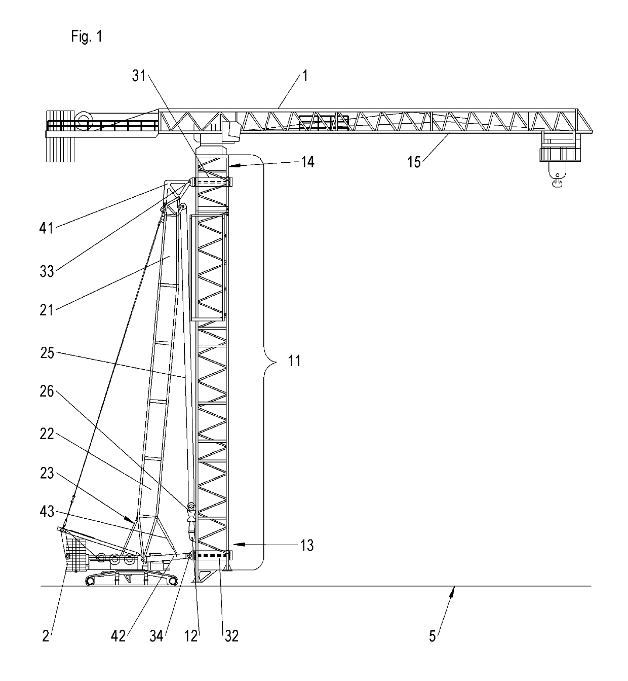 Method for transferring a tower crane and a frame and take-up mechanism therefor