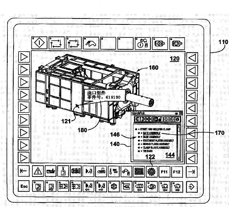 A method for displaying a virtual model of a molding system, and part information for a selected entity model, on a display of a human-machine interface of a molding system computer