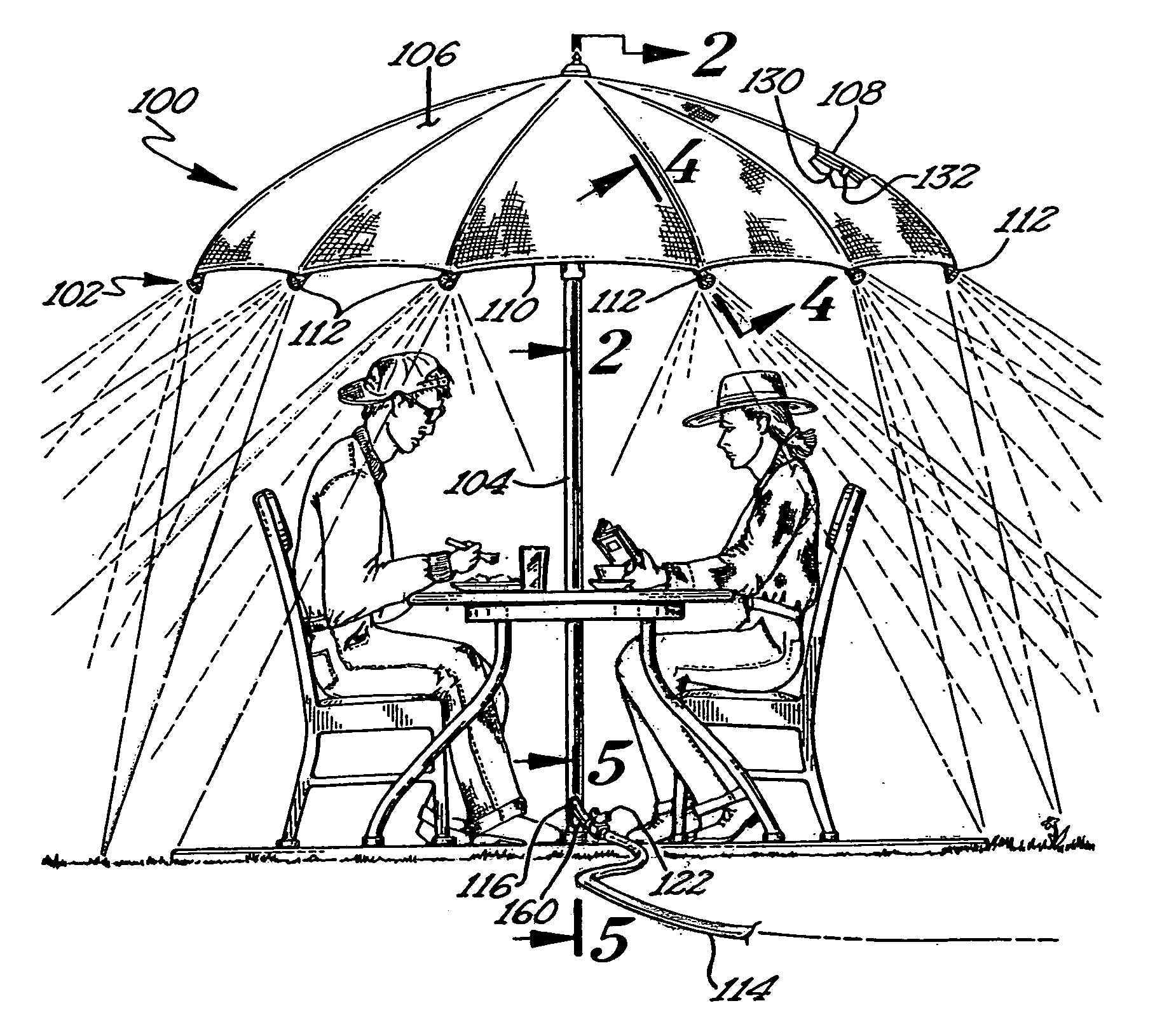 Umbrella with cooling misting screen