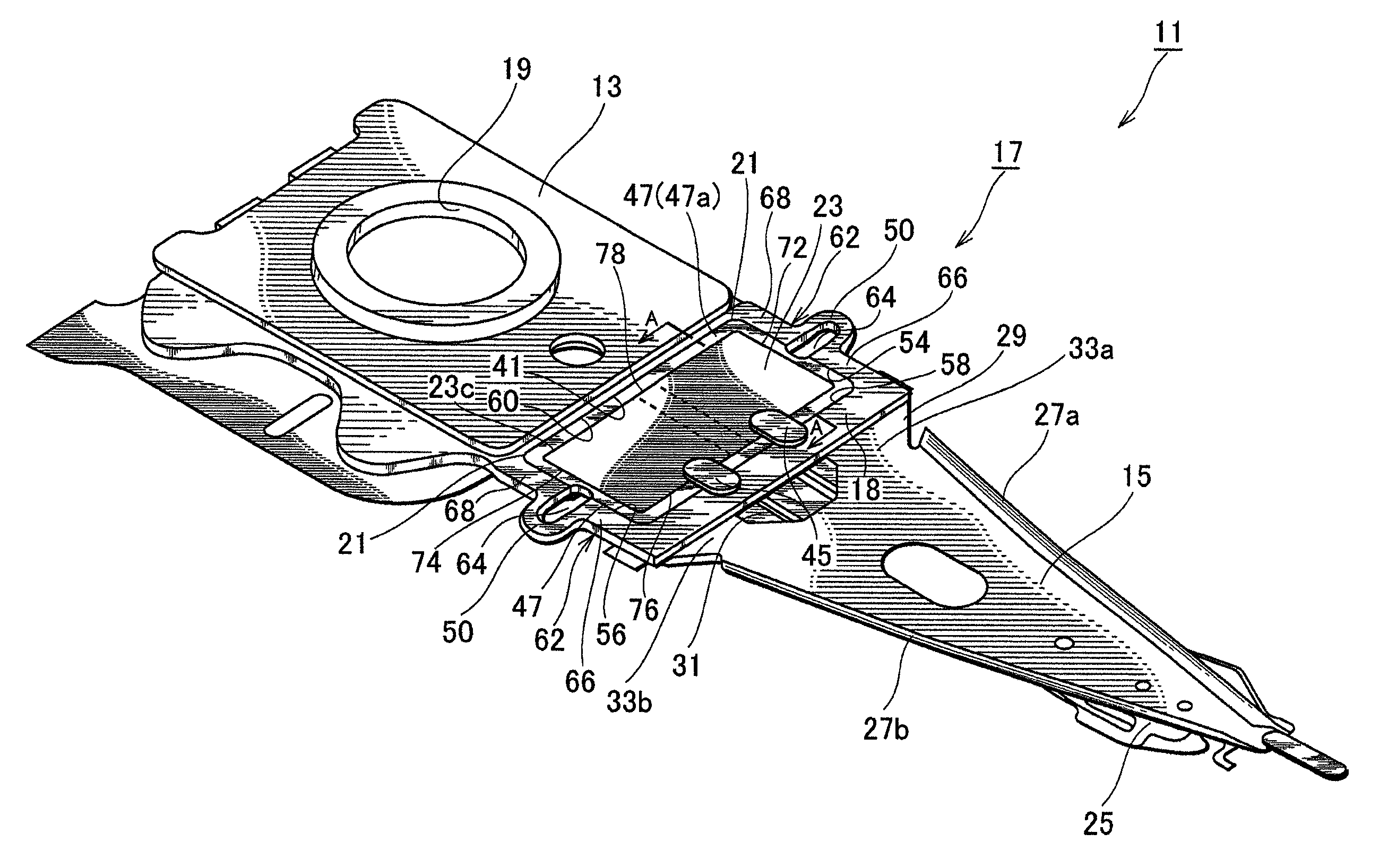 Head suspension piezoelectric actuator with a nonconductive adhesive joining together the circumferential edge of an actuator base opening with a circumferential side face of the piezoelectric element