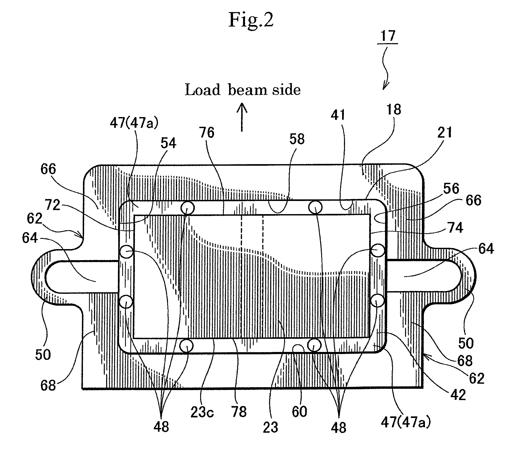 Head suspension piezoelectric actuator with a nonconductive adhesive joining together the circumferential edge of an actuator base opening with a circumferential side face of the piezoelectric element