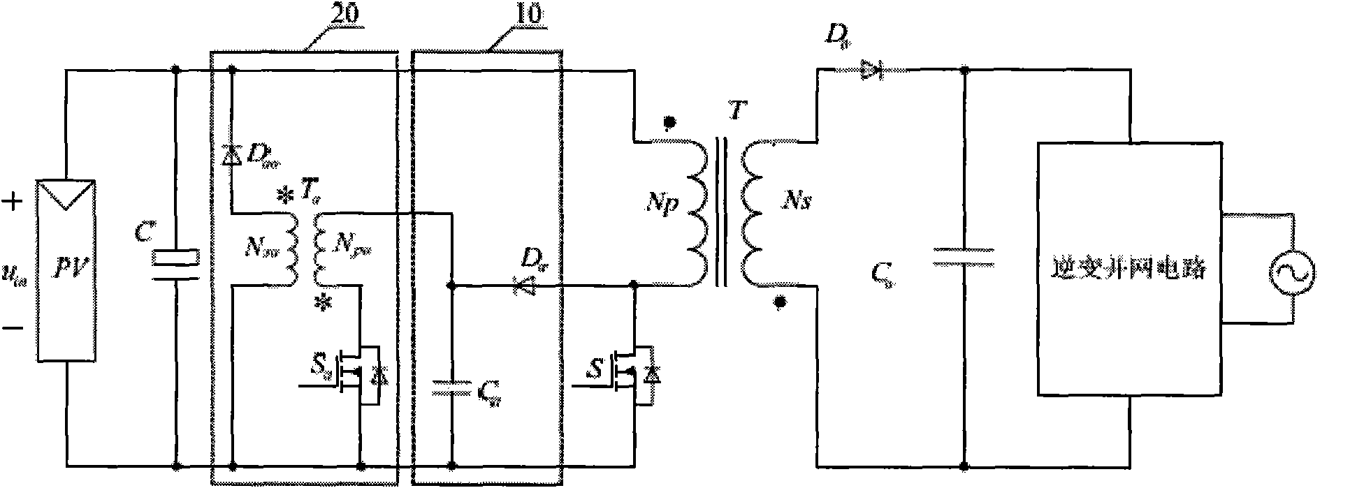 Flyback converter leakage inductance energy absorption feedback circuit of photovoltaic grid-connected inverter