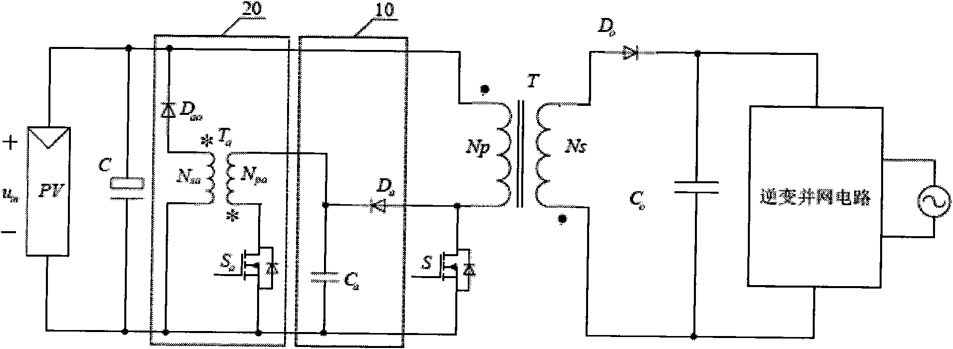 Flyback converter leakage inductance energy absorption feedback circuit of photovoltaic grid-connected inverter