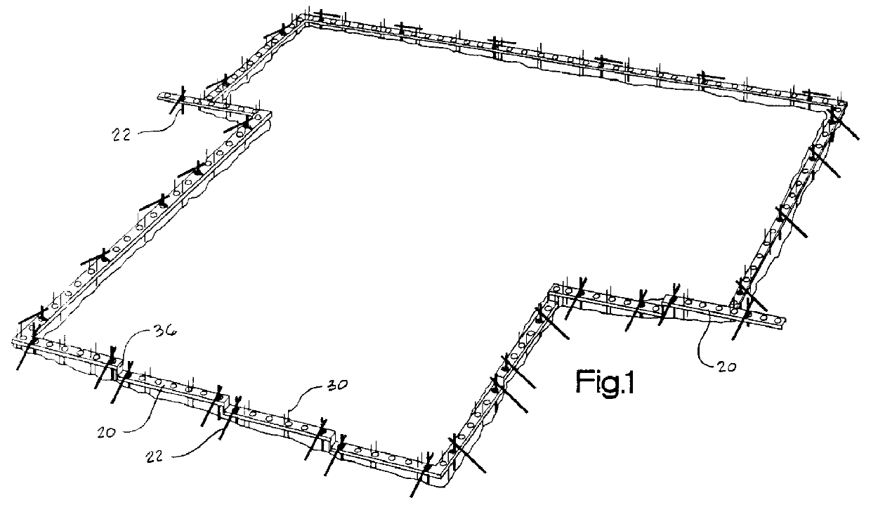 Foundation footing construction method, particularly as serve to efficiently precisely emplace wall anchors