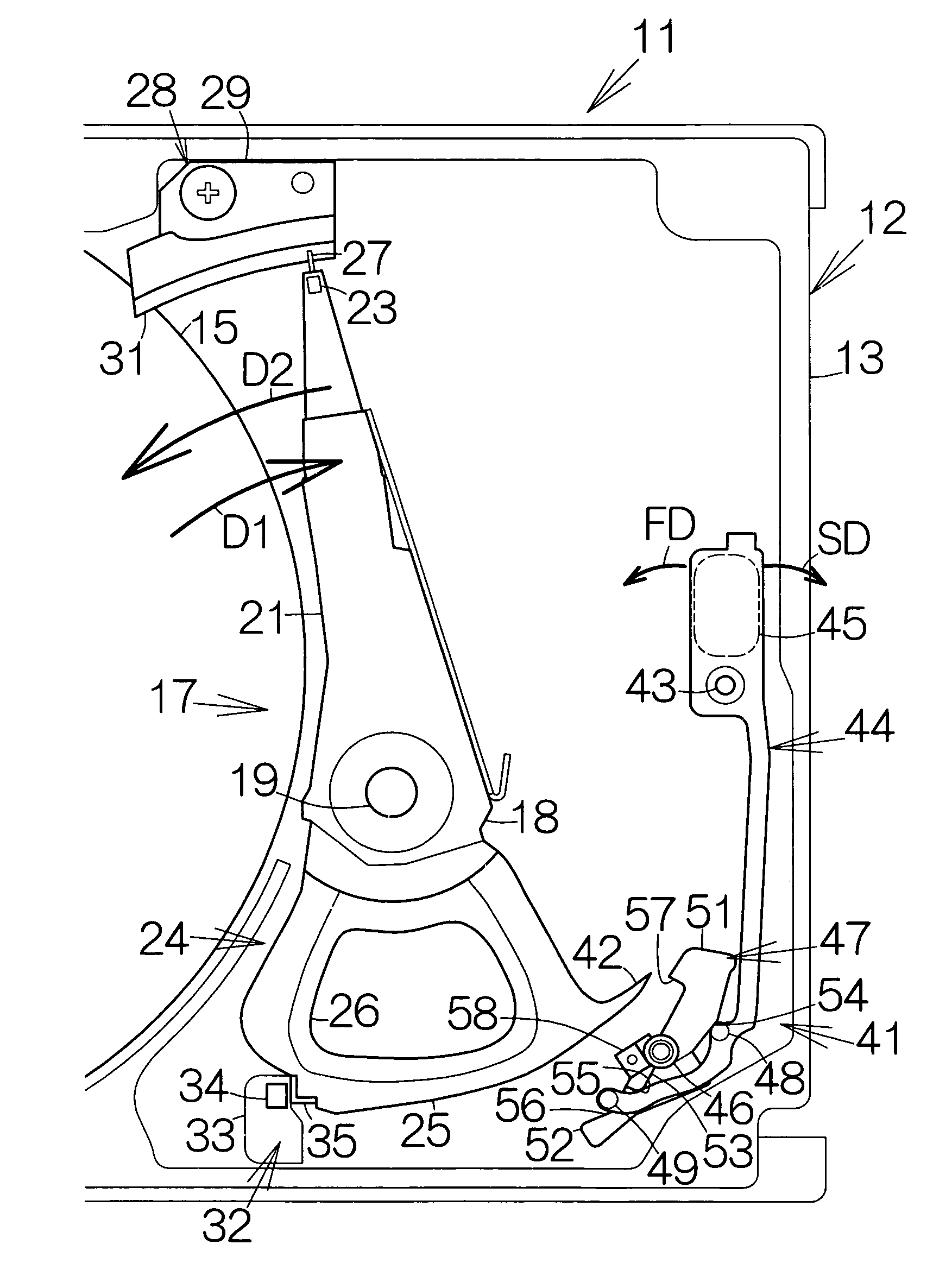 Disk drive internal latch assembly with movement restriction member to generate opposing rotation moments on shaft opposing sides