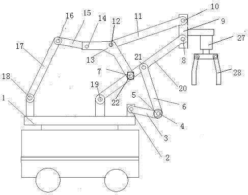 Variable-freedom-degree connecting rod type fodder stacking mechanical arm driven by servo motor