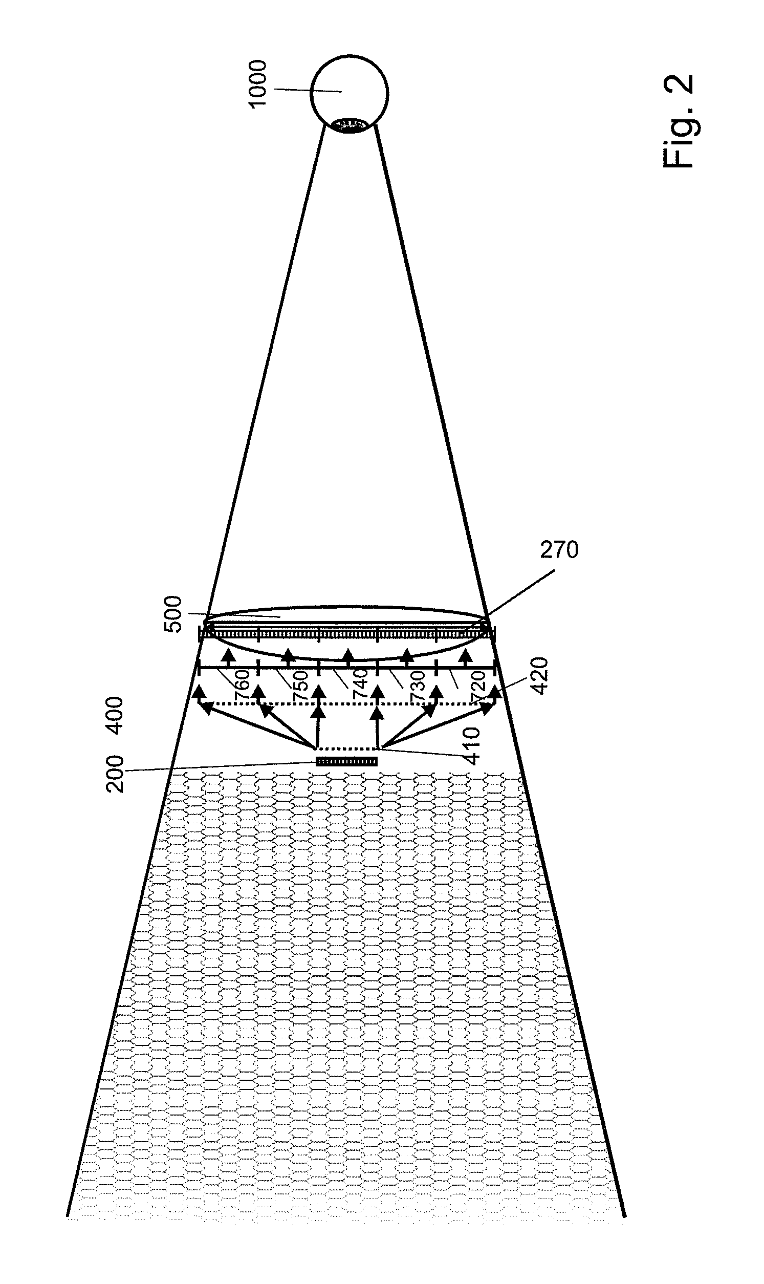 Display device, in particular a head-mounted display, based on temporal and spatial multiplexing of hologram tiles