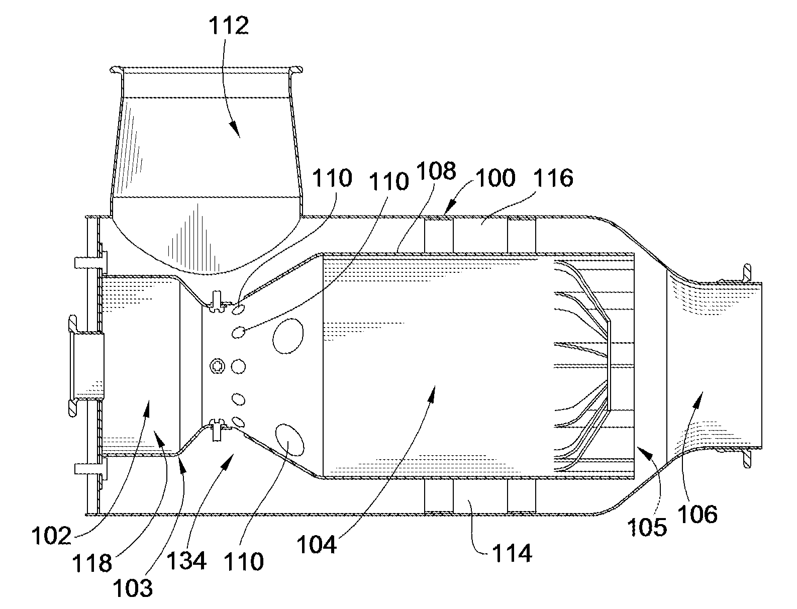 Low pressure drop mixer for radial mixing of internal combustion engine exhaust flows, combustor incorporating same, and methods of mixing