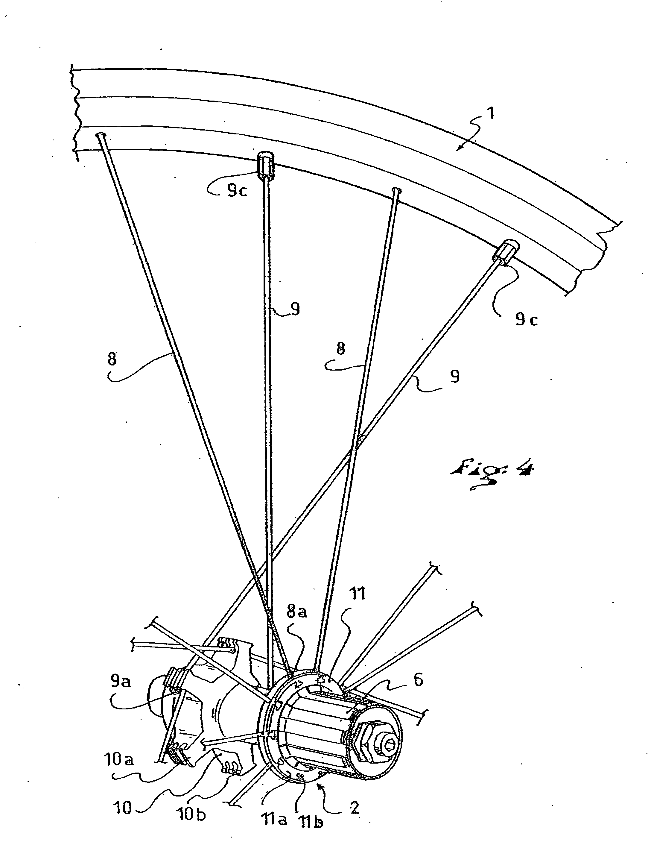 Wheel with tension spokes and a method of manufacturing such wheel