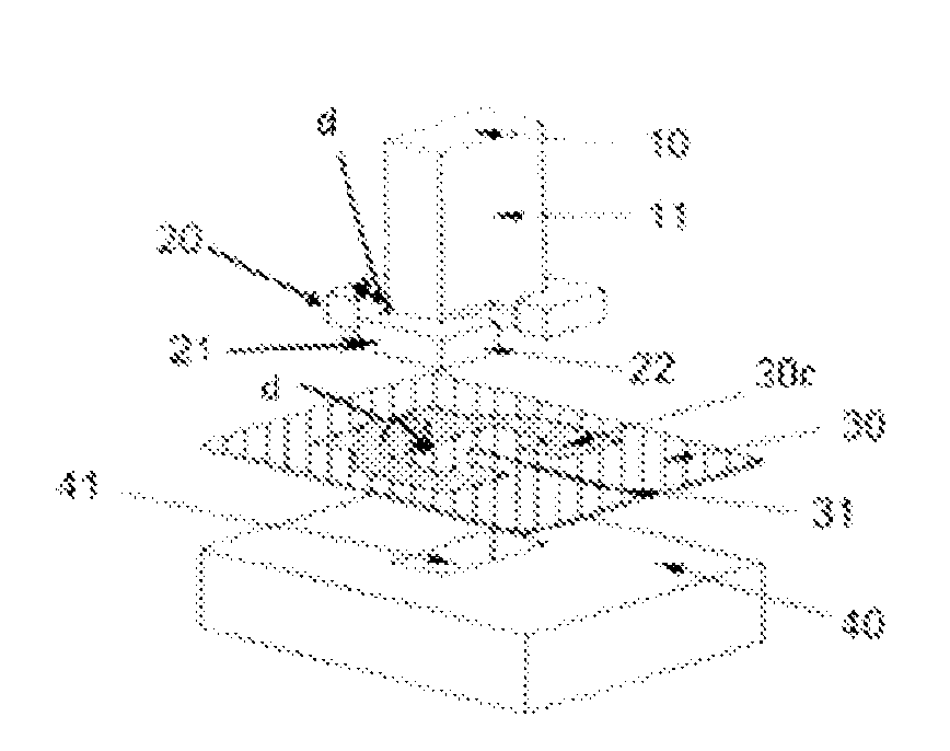 Waveguide to microstrip line transition having a conductive footprint for providing a contact free element