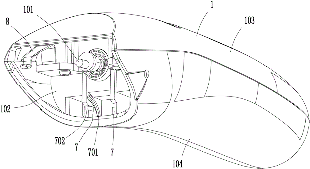 The connection structure between the head of the barber scissors and the host