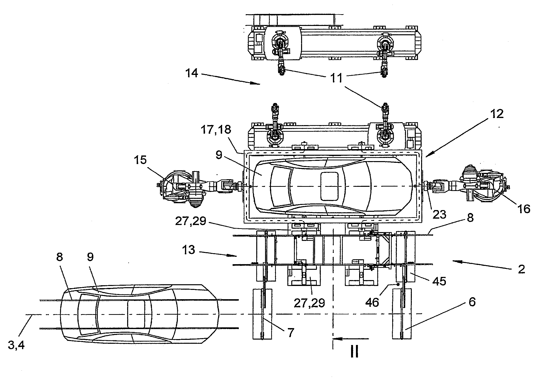 Handling device and process for the multiaxial handling and guiding of workpieces arranged on a carrying means