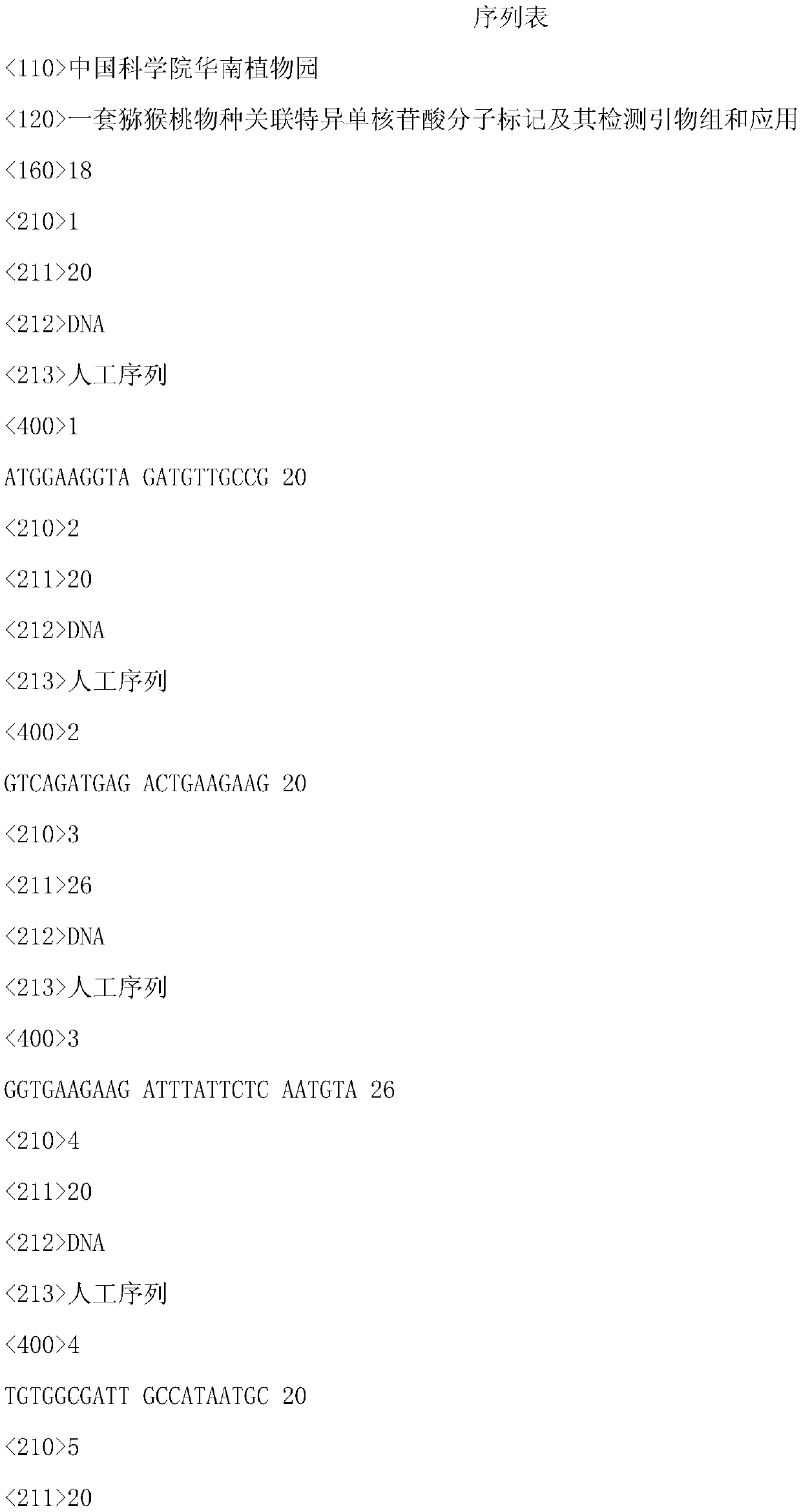 A set of kiwifruit species-associated specific single nucleotide molecular markers and its detection primer set and application