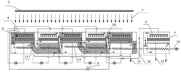 Forward-condensing multiple-effect back-heating array type humidification and dehumidification solar-powered seawater desalination device