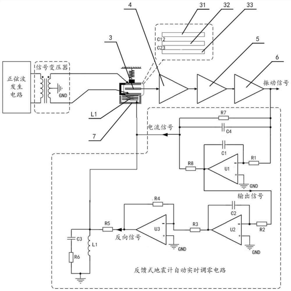 Feedback type seismometer automatic real-time zero setting circuit and feedback type seismometer