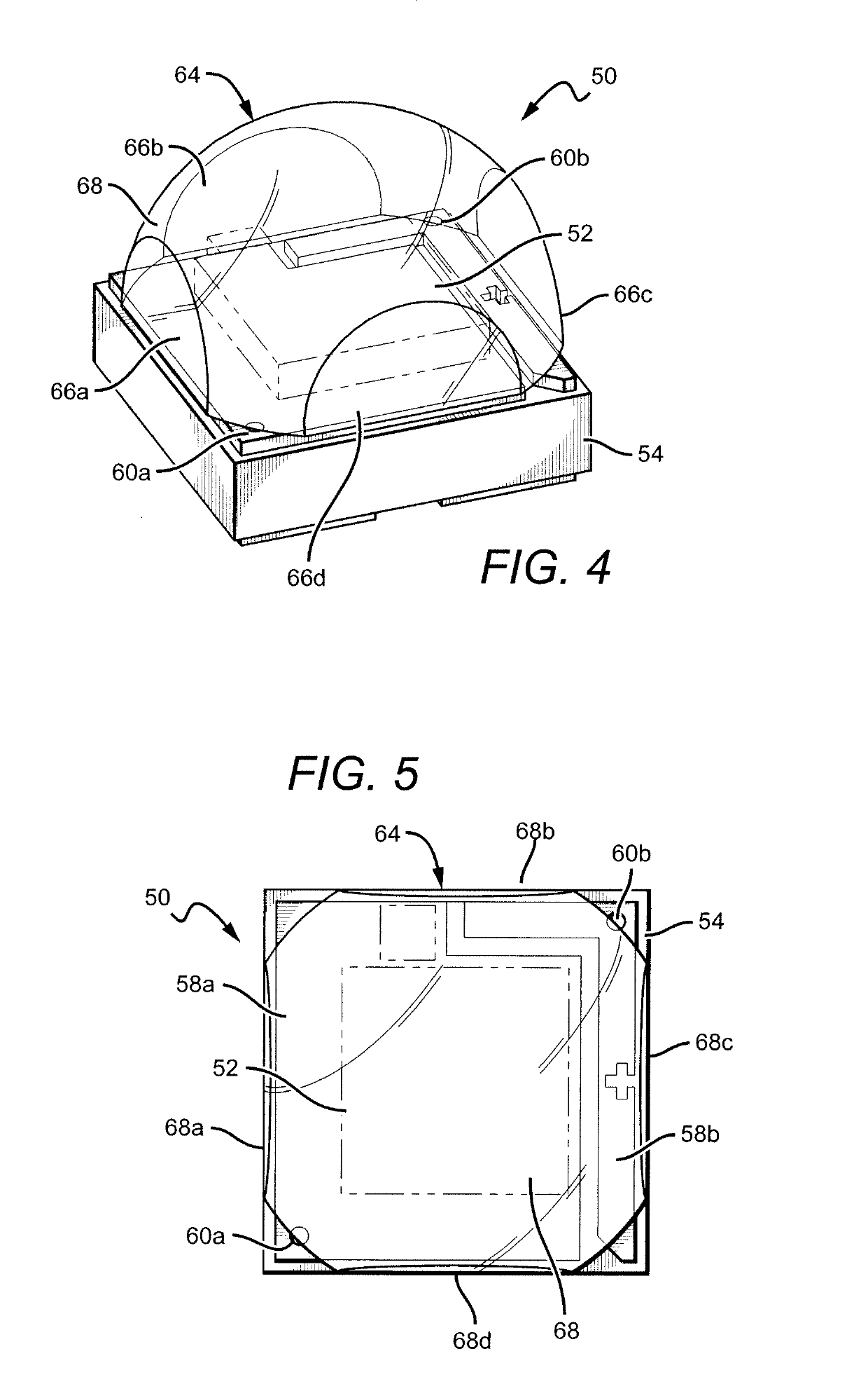 LED package with multiple element light source and encapsulant having curved and/or planar surfaces