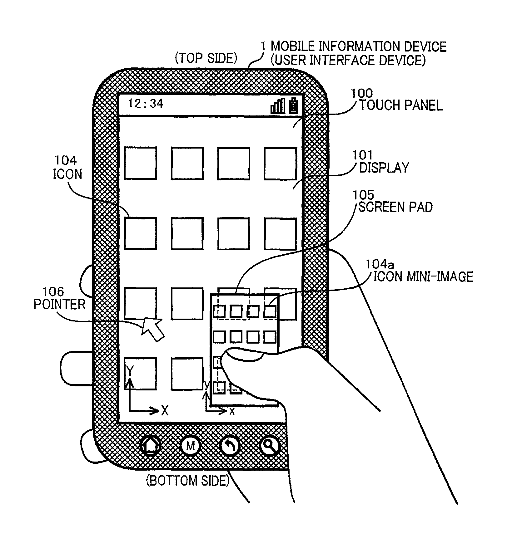 User interface device with touch pad enabling original image to be displayed in reduction within touch-input screen, and input-action processing method and program