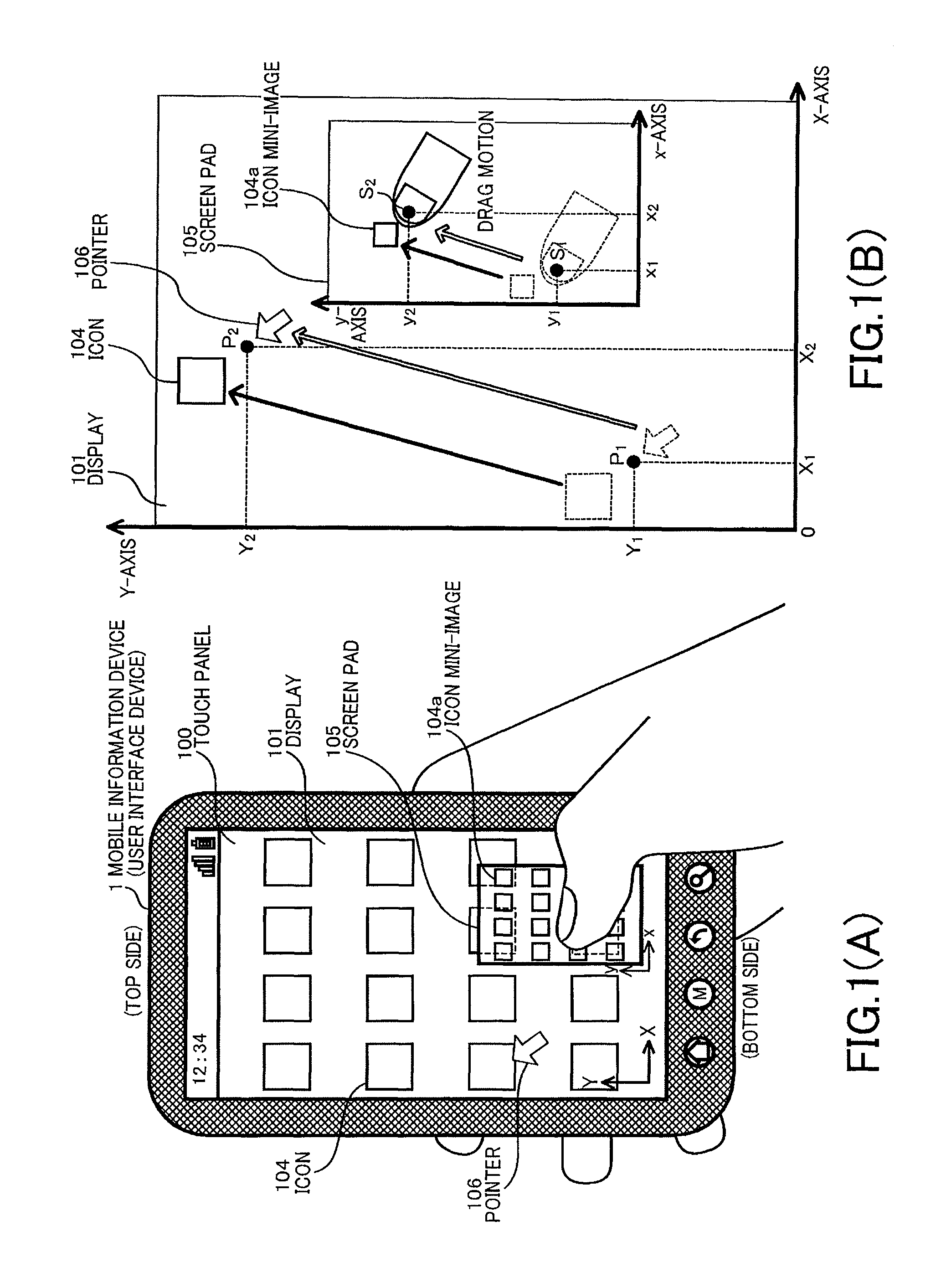 User interface device with touch pad enabling original image to be displayed in reduction within touch-input screen, and input-action processing method and program