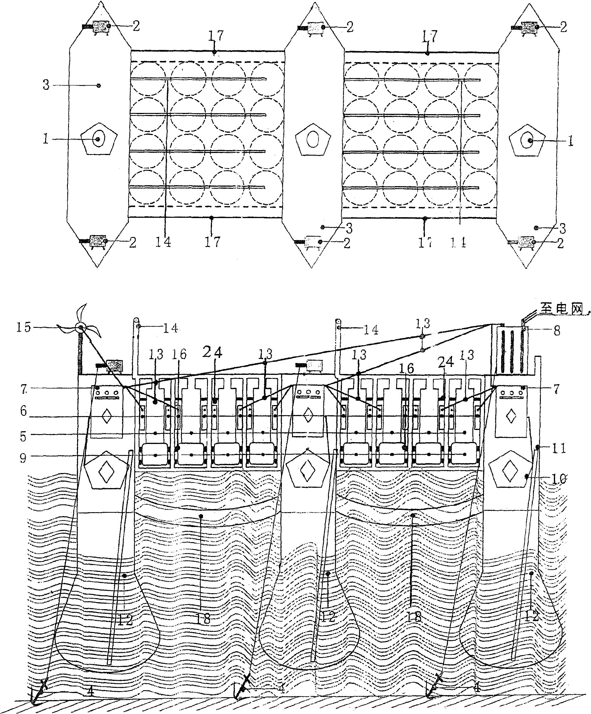 Multi-hulled ship electricity generating method using sea wave and wind power in sea approach area