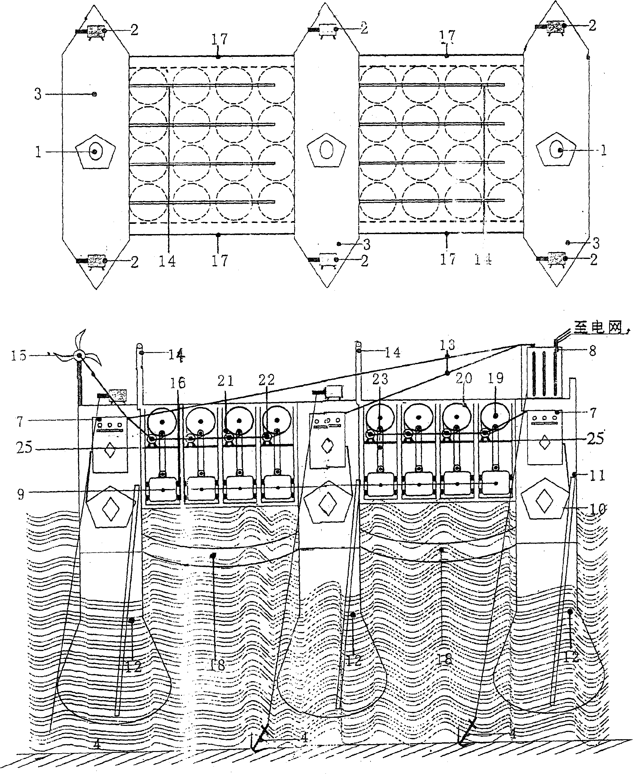 Multi-hulled ship electricity generating method using sea wave and wind power in sea approach area