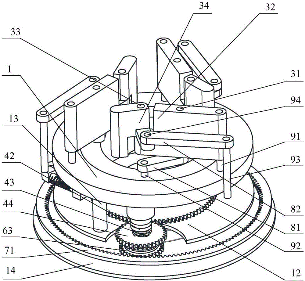 Double-ring rotating multi-finger parallel clamping self-adaptive under-actuated robot hand device