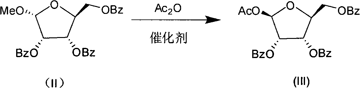 Production process for preparing 1-oxy-acetyl-2,3,5-3-benzoyl-beta-Lribofuranose