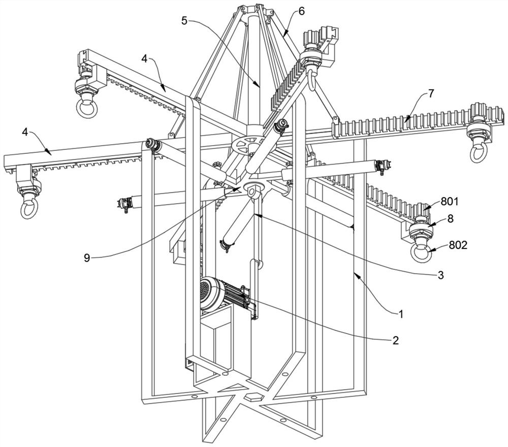 A rotary hanging paint spray rack for the interior of a chemical plant