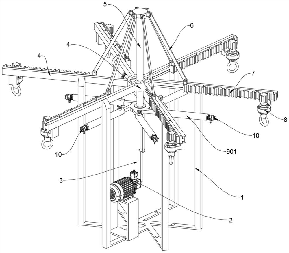 A rotary hanging paint spray rack for the interior of a chemical plant