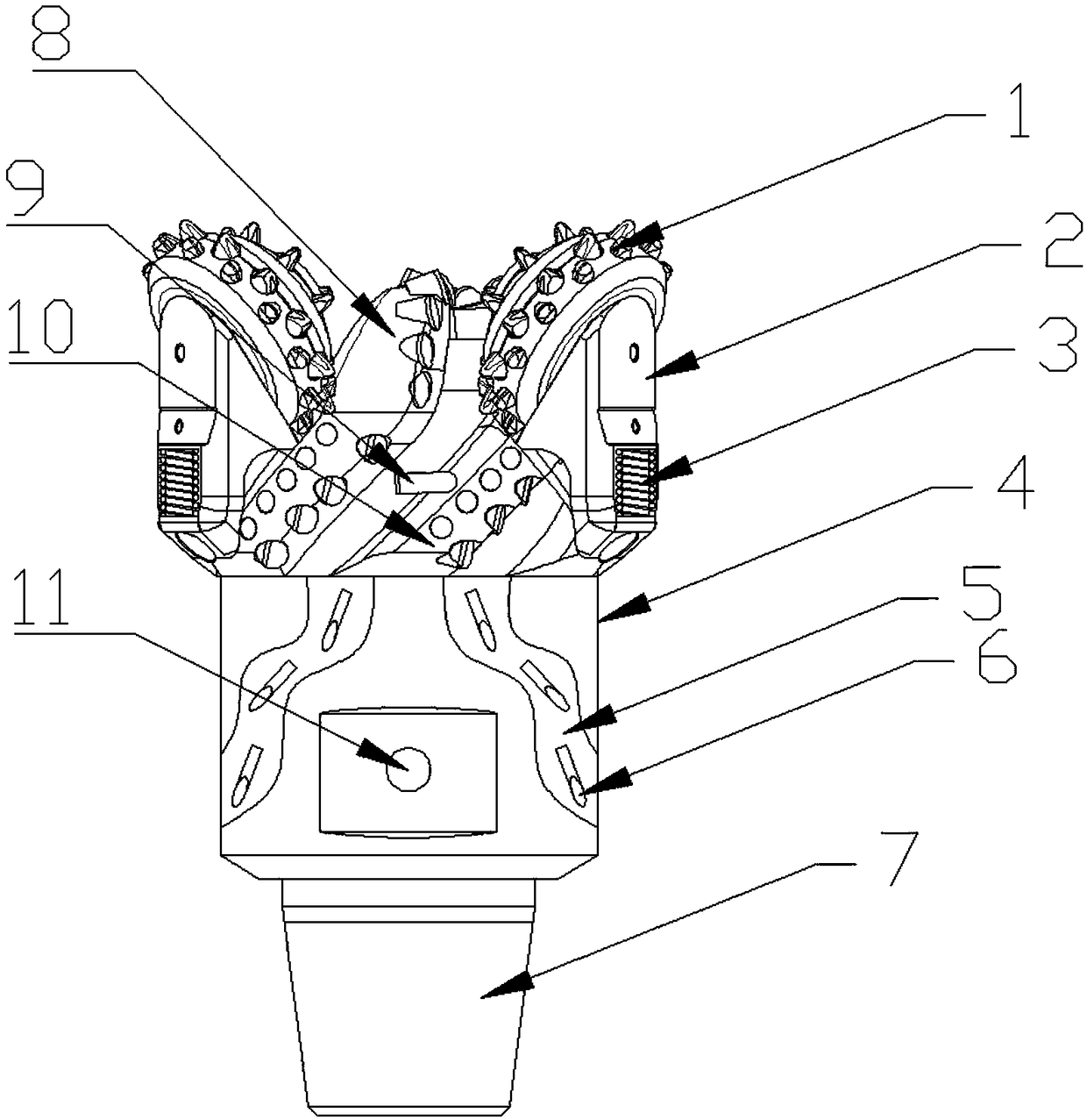 Three-blade PDC and tricone tooth combined drill bit