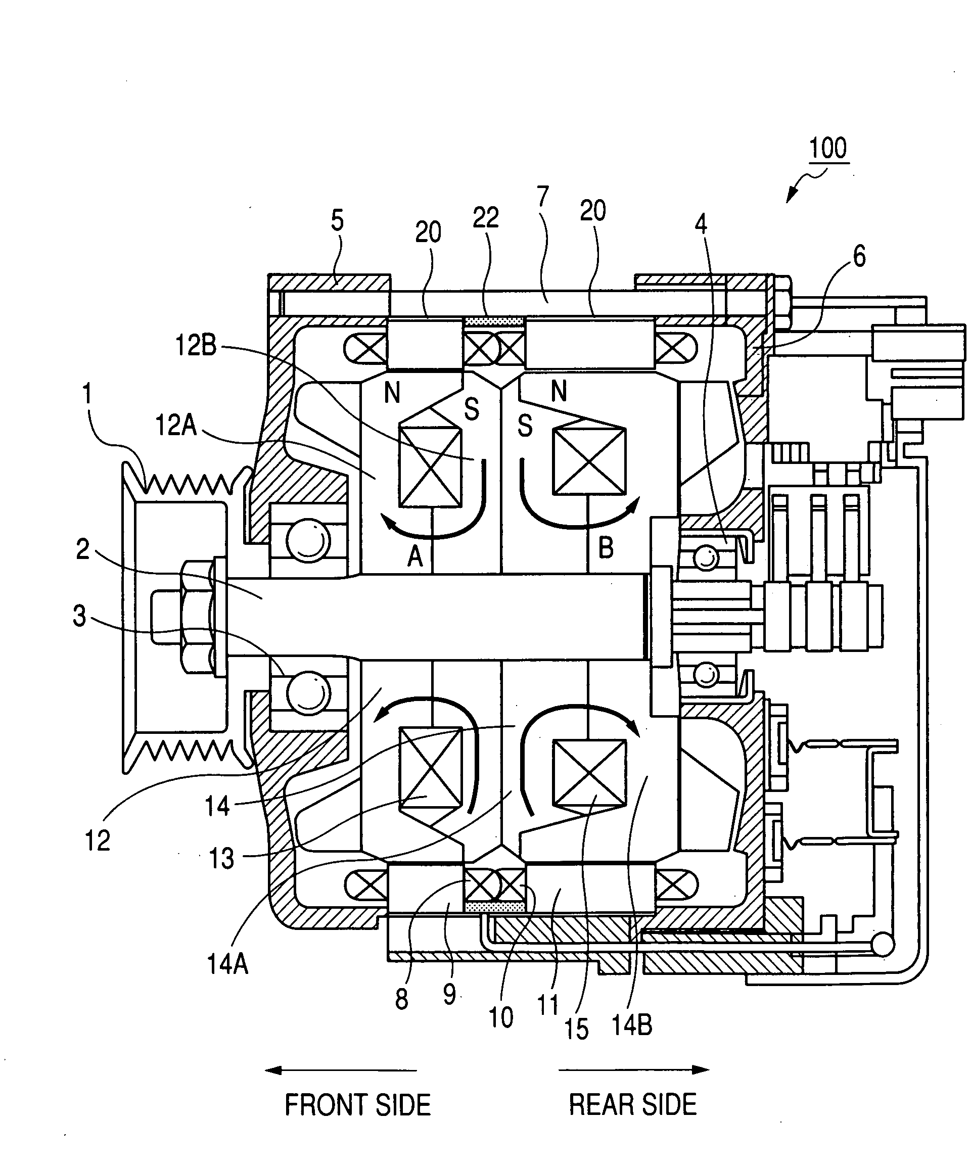 Automotive tandem alternator having reduced axial length and capable of effectively suppressing magnetic leakage