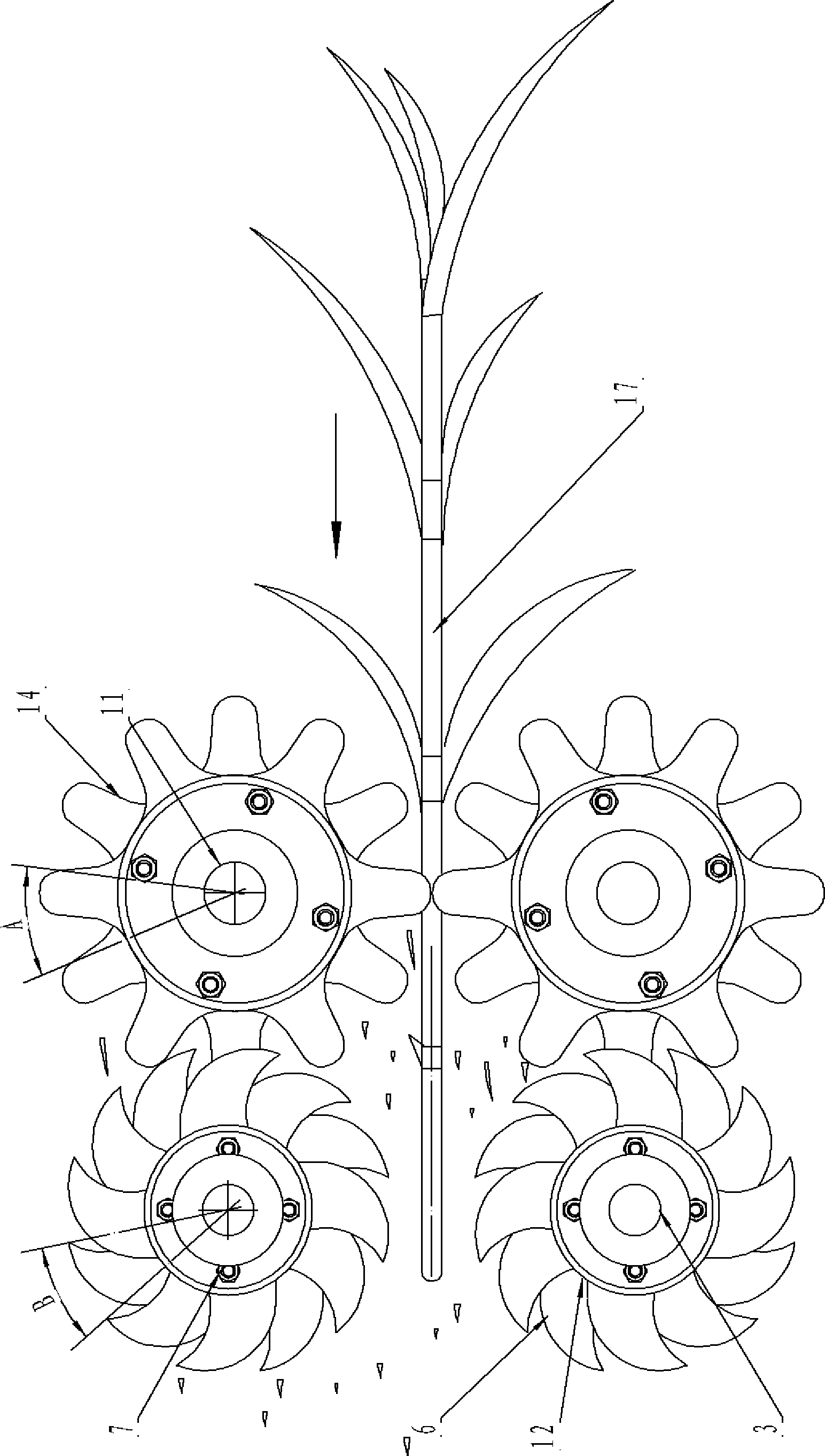 Sugarcane harvester peeling and crushing device