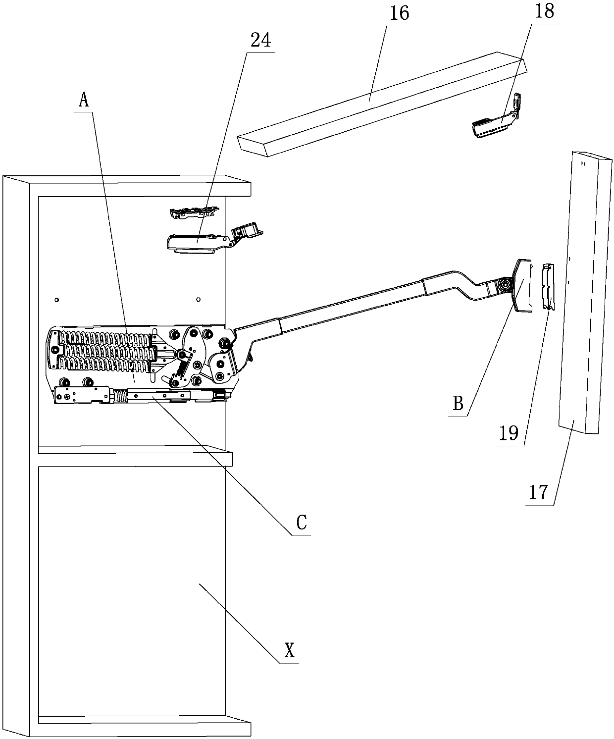 Movable locating and assembling structure for furniture up-turning folding door