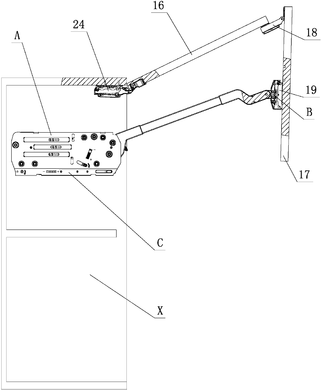 Movable locating and assembling structure for furniture up-turning folding door