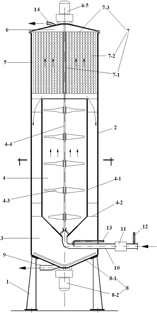 Vertical eddy current reinforced separation device and granulation fluidized bed for efficient solid-liquid separation