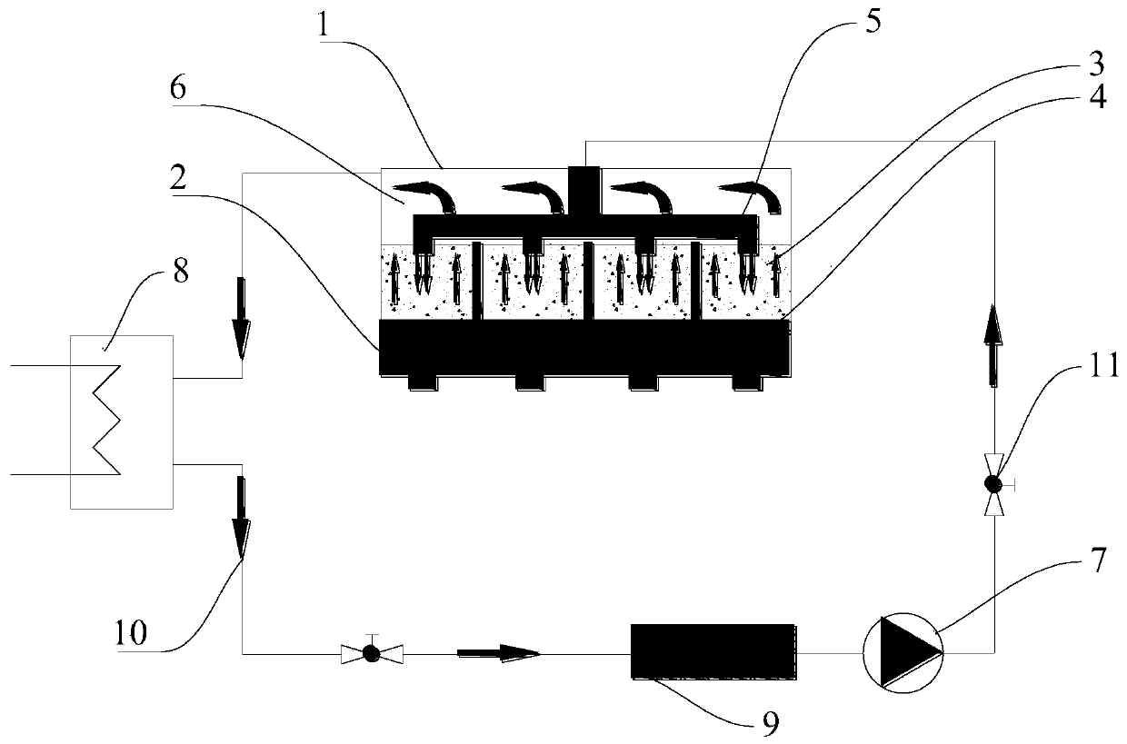 Impact jet array phase change cooling device combined with foam metal