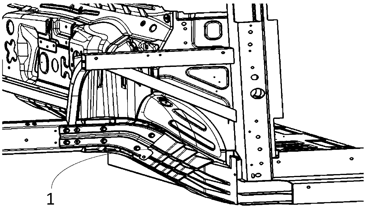 Downward-bending longitudinal beam and vehicle