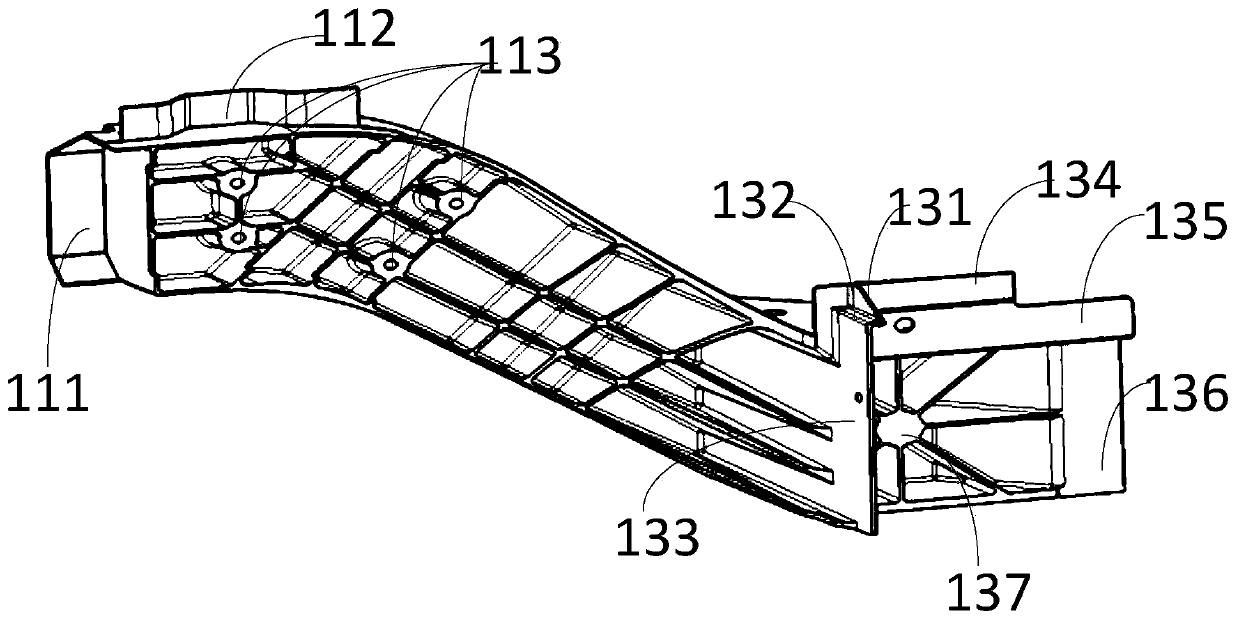 Downward-bending longitudinal beam and vehicle