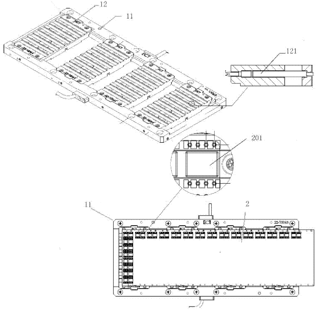 Chip package testing device and lead frame used thereby